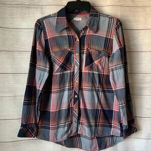 Westport Navy Blue and Pink Button Up Plaid Roll Tab Long Sleeves Pockets Small